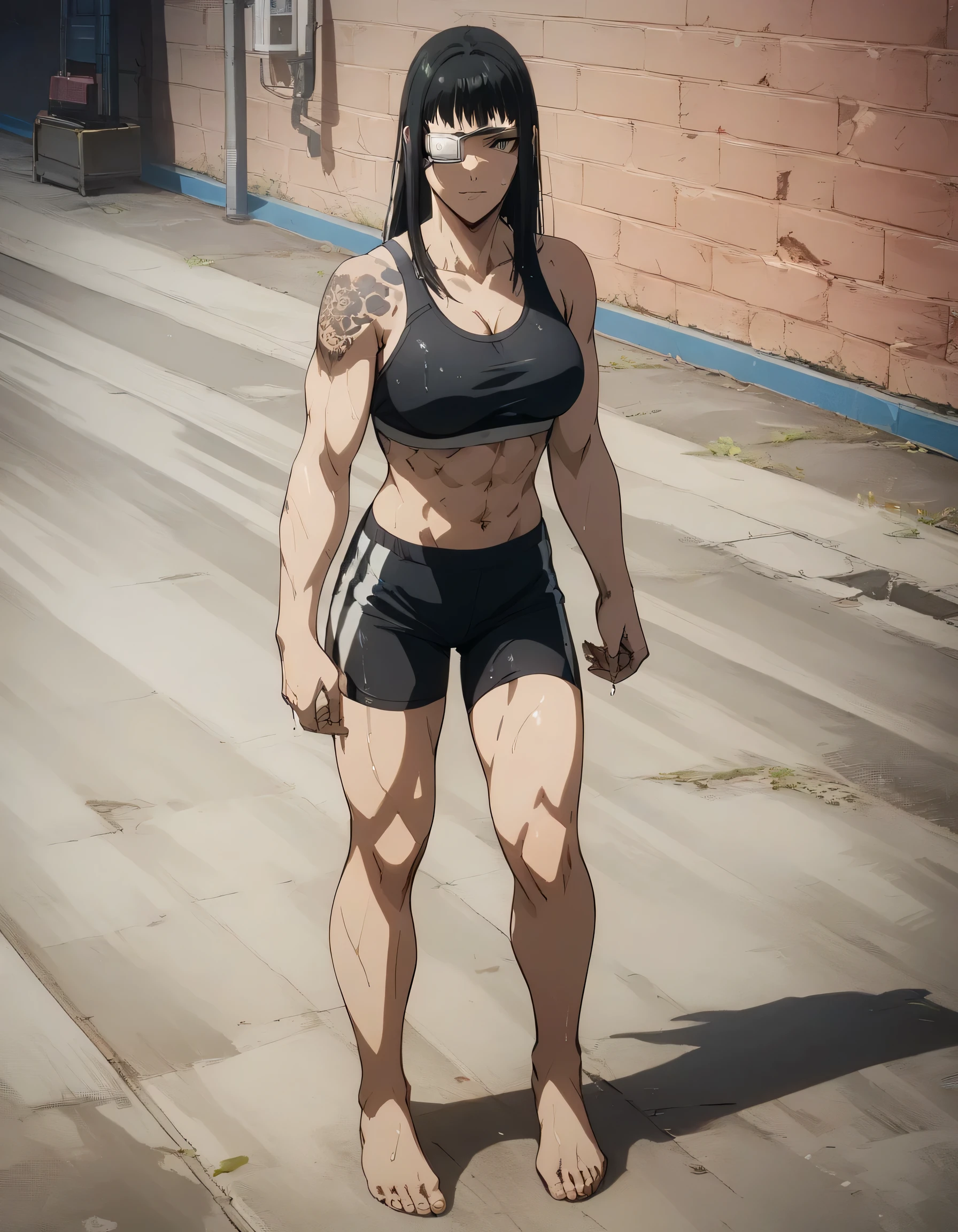 score_9, score_8_up, score_7_up,score_6_up,high resolution,source_anime,s0fiavalm3t,1girl,eyepatch,black hair,long hair,,full body,,,pov, tattoos on shoulder,wearing sport bra,black sport shorts,Barefoot,training hard,Parkour,sporting attraction,pelvis,wet body and clothes,