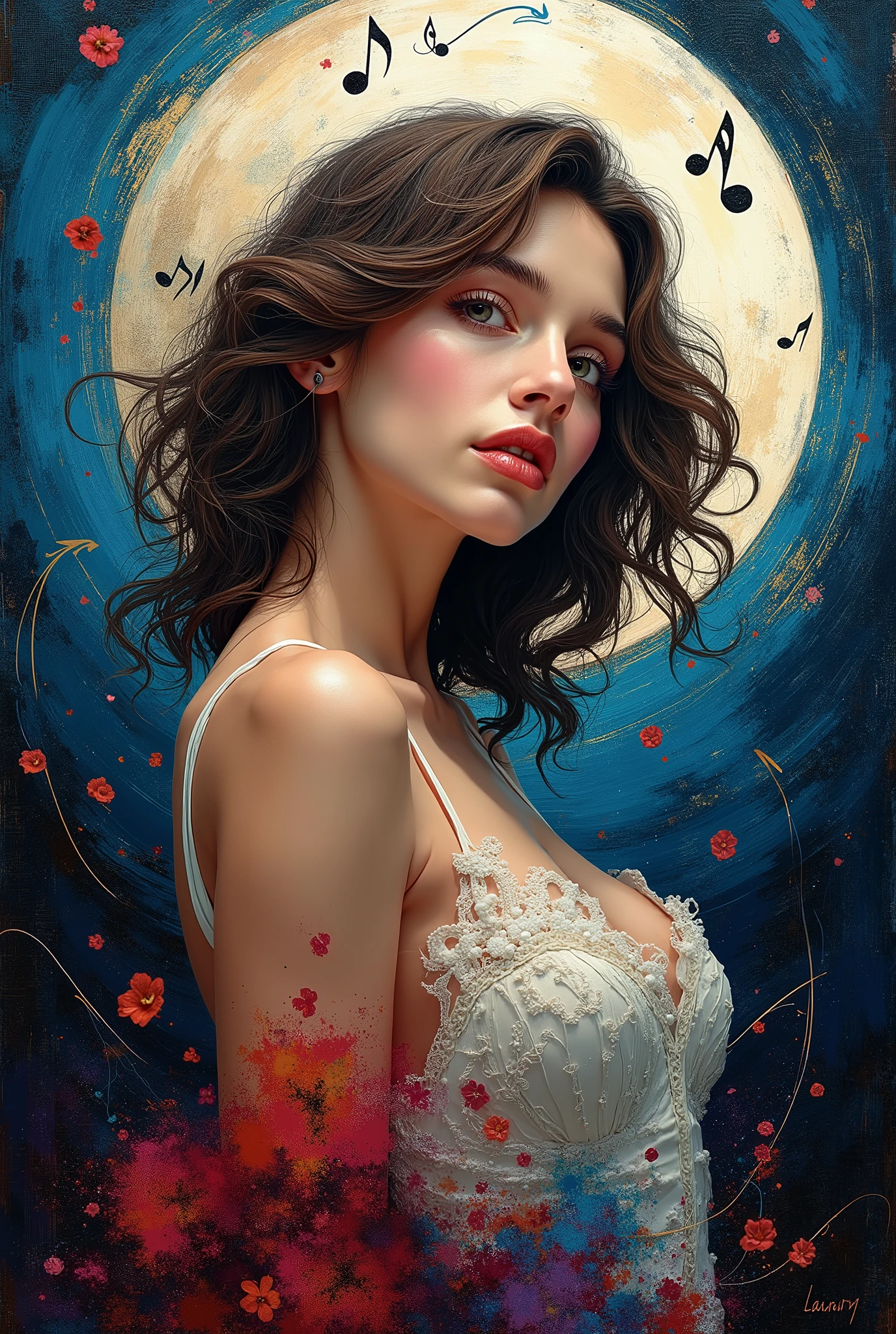 (highres, realistic:1.37), beautiful detailed eyes, beautiful detailed lips, longeyelashes, curvy figure, confident smile, elegant pose, vibrant colors, regency era, by norman lindsay, bokeh, oil painting style, soft lighting, romantic setting, blooming flowers, flowing dress, graceful movement, delicate features, alluring gaze