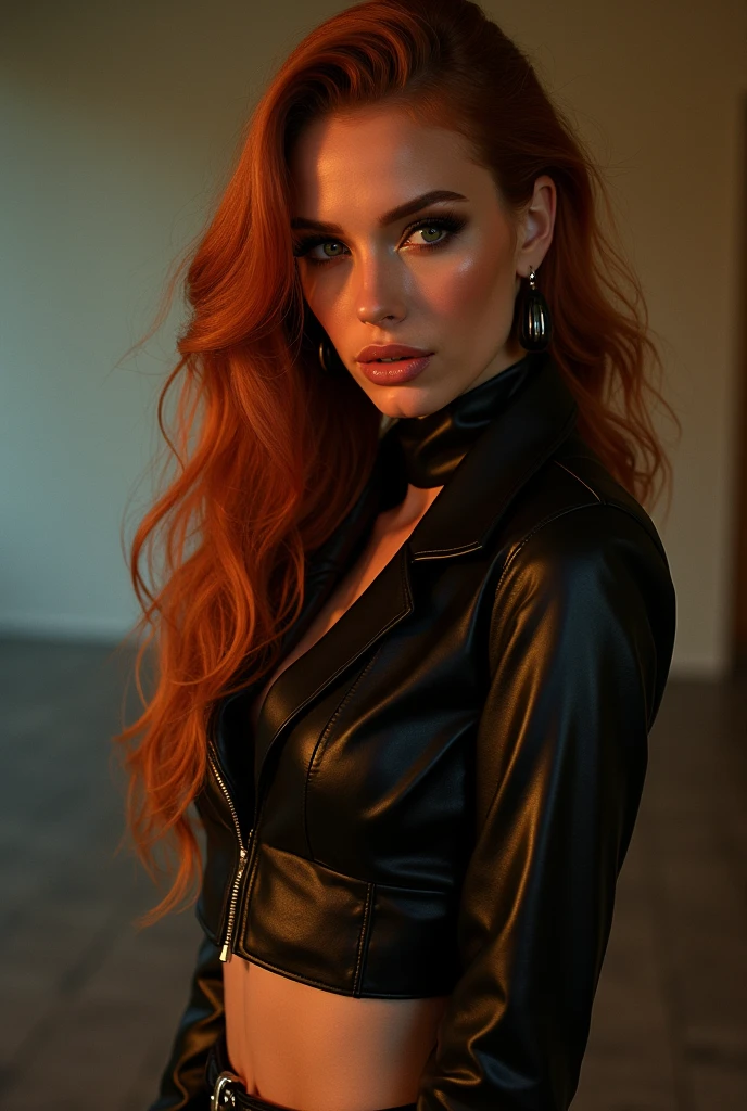 a woman with red hair, hyper-realistic skin, shiny/glossy, modern jewelry, gongbi, portraiture, dark teal and light gold, tropical landscapes, Face portrait photo oF a 21 Year-old German woman, .raw, beautiFul woman, half strawberry lips, strawberry lipstick, Fossettes, big breast, realistic legs, high heels, nostalgic look, detailed light brown eyes, great student, thin eyelashes, (Brown extra long blond hair), ((detailed Face)), ((detailed Facial Features and skin texture)), (Finely detailed skin), light brown skin, (Deep neckline detailing high-tech cyberpunk dress), Cyberpunk big city environment, (cold colors), moist, moist, reFlections, (masterpiece) (height ratio / perfect width) (photo realist) (best quality) (detailed) Shot with Canon EOS R5, ObjectiF 50mm, F/2.8, human development report, (8k) (wallpaper) (light) (Dramatic Light) (sharp focus) (complicated), sharp details, skin detail sharpness, 