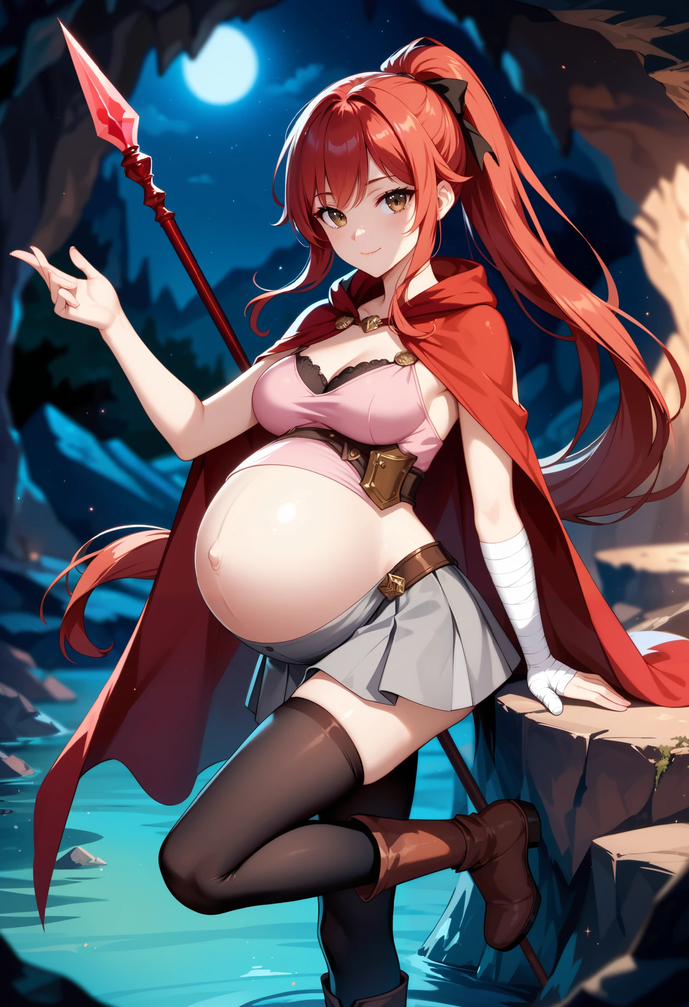 High Resolution, High Quality, High Details, cave scene, night, 1girl, red hair, long Ponytail, brown eyes, medium breasts, red cloak, pink tunic, grey skirt, black leggings, armor boots, looking at wall drawing, holding spear, pregnant belly, right arm covered by bandages, flirting pose