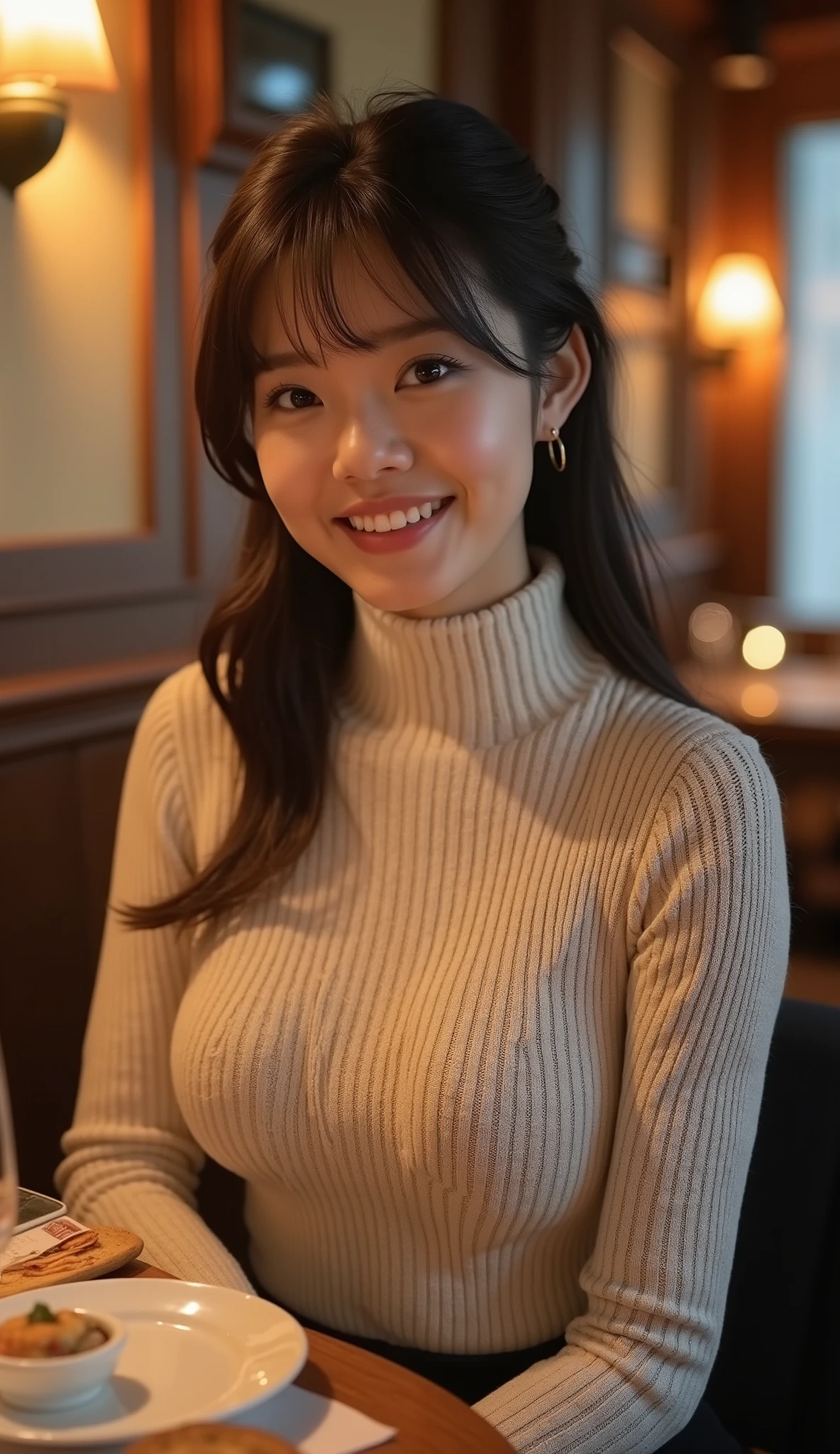 (highest quality, masterpiece, Photorealistic, Super detailed, Ultra-high resolution, born:1.3), (One girl, cute, Japanese), (smile), (Turtleneck sweater), (Chest on the tray, Round Tray, Sliver Tray:1.3), mini skirt, Cafe, bangs,