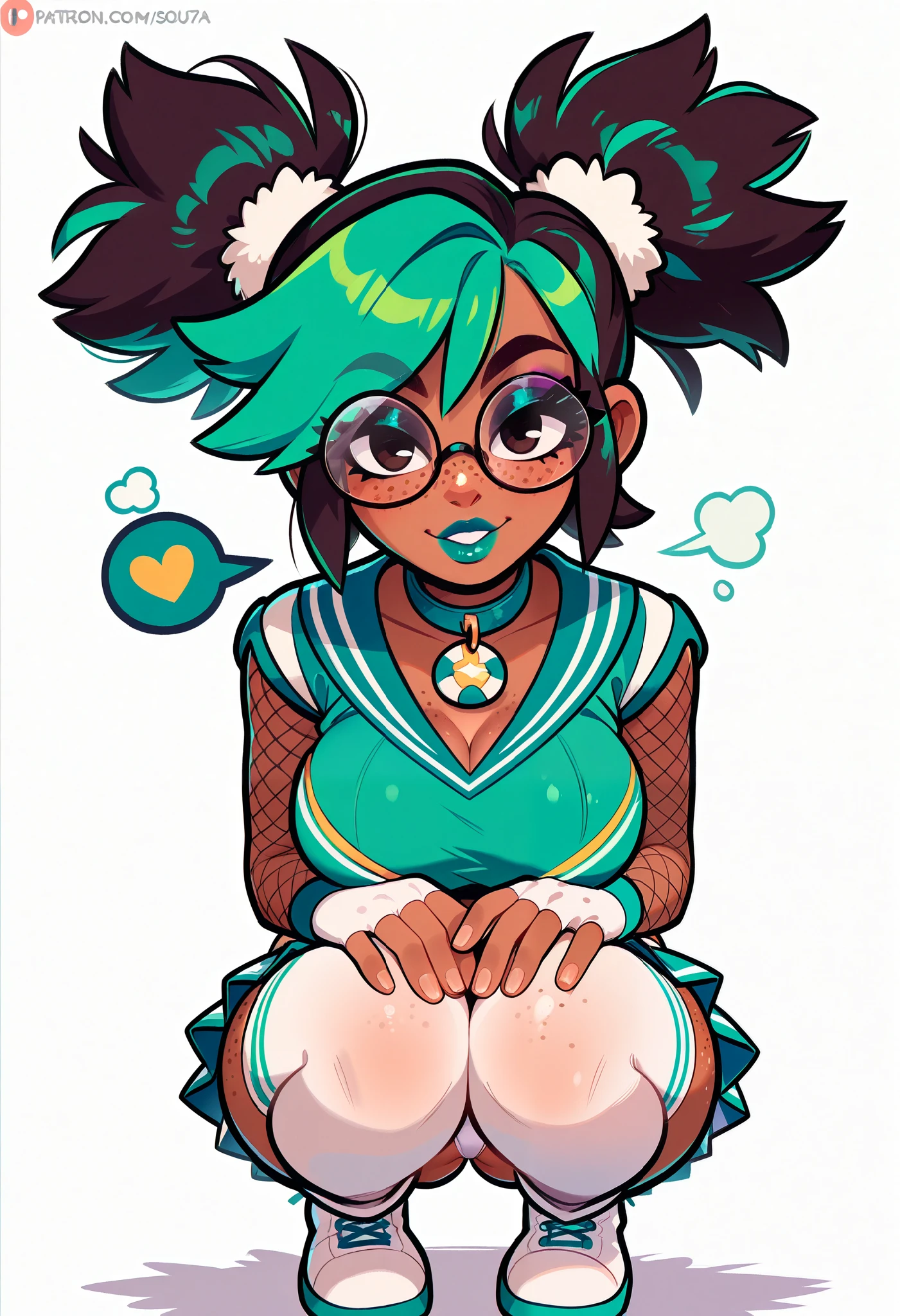 (masterpiece), best quality, expressive eyes, perfect face, newest, perfect anatomy, flawless face, dark skinned African female with pigtails and glasses, multicolored hair, white knee high stockings, collar, tight green sailor top with short sleeves, tight short pleated plaid green miniskirt, color saturation, makeup, lipstick, glossy lips, freckles, white boots, big breasts, big butt, fishnet sleeves, black fingerless gloves, looking back at viewer, hair blowing in wind, seductive expression, hands on knees, smiling, pom poms in her hands, pov from behind and below, smiling, green hair, two-tone hair, white panties, white panties in view, panty shot, white background, full body