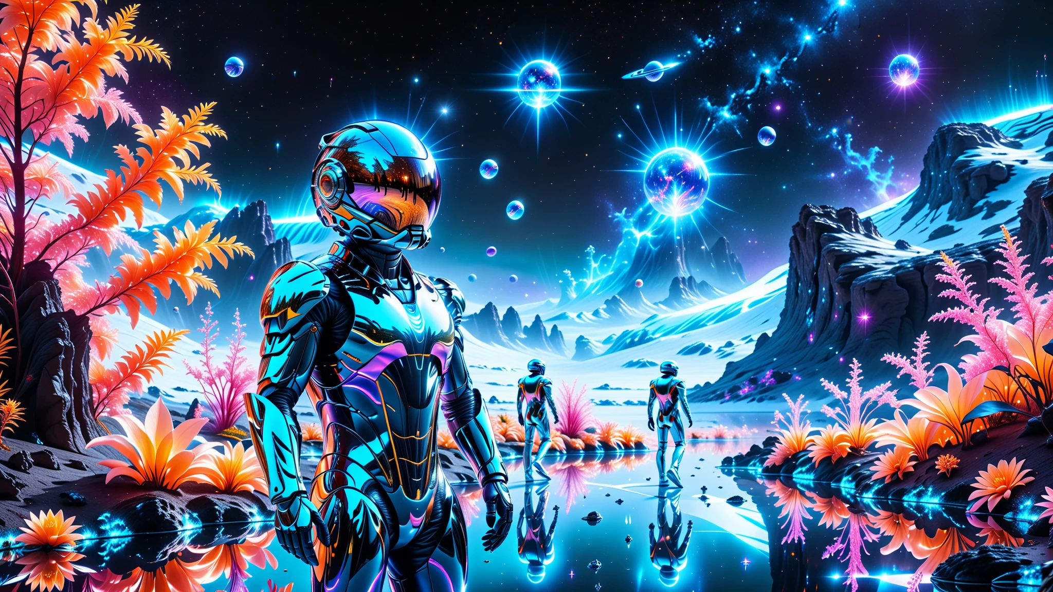 A Masterpiece In 32K Resolution, Supreme Quality, Super Detail, Official Art, Very High-Resolution 32K Wallpaper, Beautiful And Aesthetic, Ultra-Detailed Features, Awe-Inspiring Detail. Astronauts In Futuristic Suits Exploring A Glowing Alien Planet. The Landscape Is Filled With Bioluminescent Flora, And The Sky Is Illuminated By Multiple Moons And Swirling Galaxies. Their Suits Emit A Soft Glow, And Their Tools Include Holographic Devices.