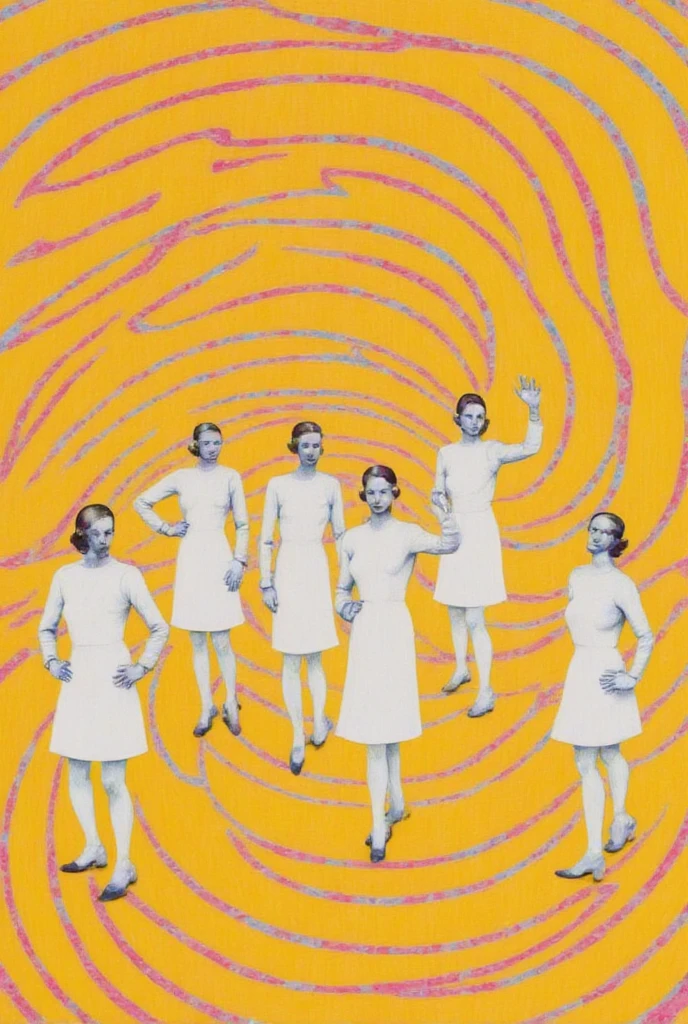 The picture of women in white uniforms is Spiral, Drawn into the spiral vortex , LSD Trip, vertigo - inducing,  LSD ripples , hypnotism,  （LSD , Dreaming illusions, best sleep,  spinning round and round death , Hypnotic, Psychedelic LSD , Astral Projection, Hypnotic dimensions, Spiral ,  distorted pose , yellow,red,White