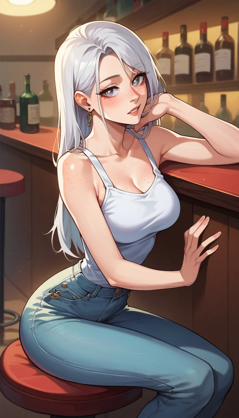 One anime girl, Korean girl 24 years old with long white hair Smooth long , medium gray eyes Pupil with long eyelashes, freckles on the cheeks and nose, light skin, White top with a drawing of green rackets in the center, jeans, with a relaxed position, sitting on a red bar.