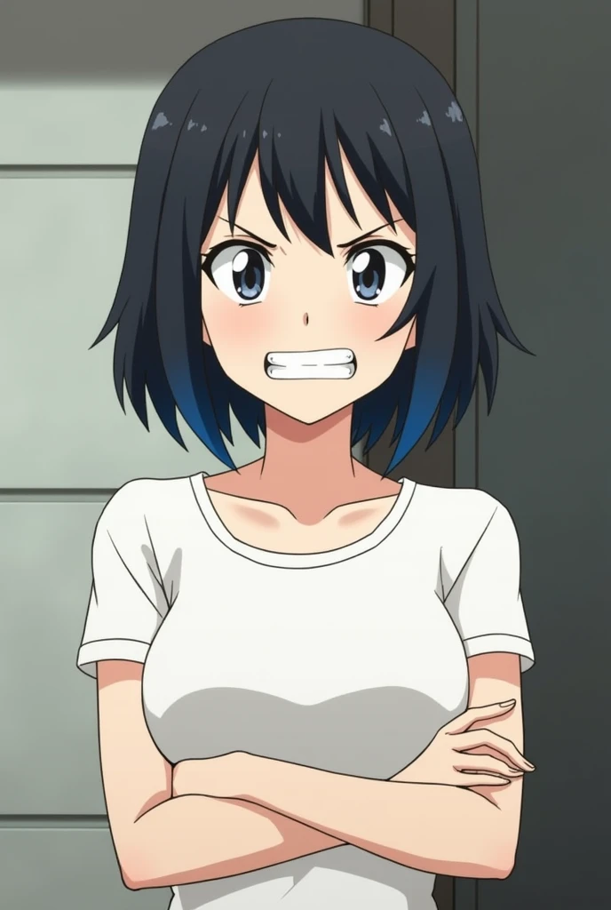 1girl, (masterpiece:1.1), hi-res, 4k <lora:chuyun-09:0.8>chuyun,Dark blue hair,Brown red eyes,Tight black navel exposed vest,Blue pants