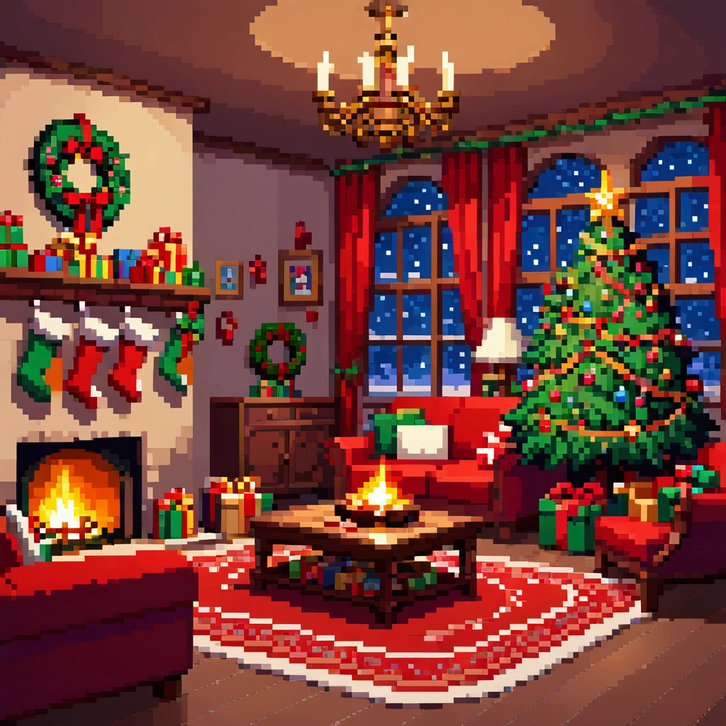  A cozy living room painting ， Full of colorful Christmas gifts ，Christmas tree， Very detailed interior design ，  Lively Colors  ， Pixel Art , Blocks, Pixel Art 风格, 8-bit graphics,   A fantastic and magical atmosphere  ，Soft Light，  bright colors  ，Wide-angle field of view，  amazing visual effects  ， Imaginative 