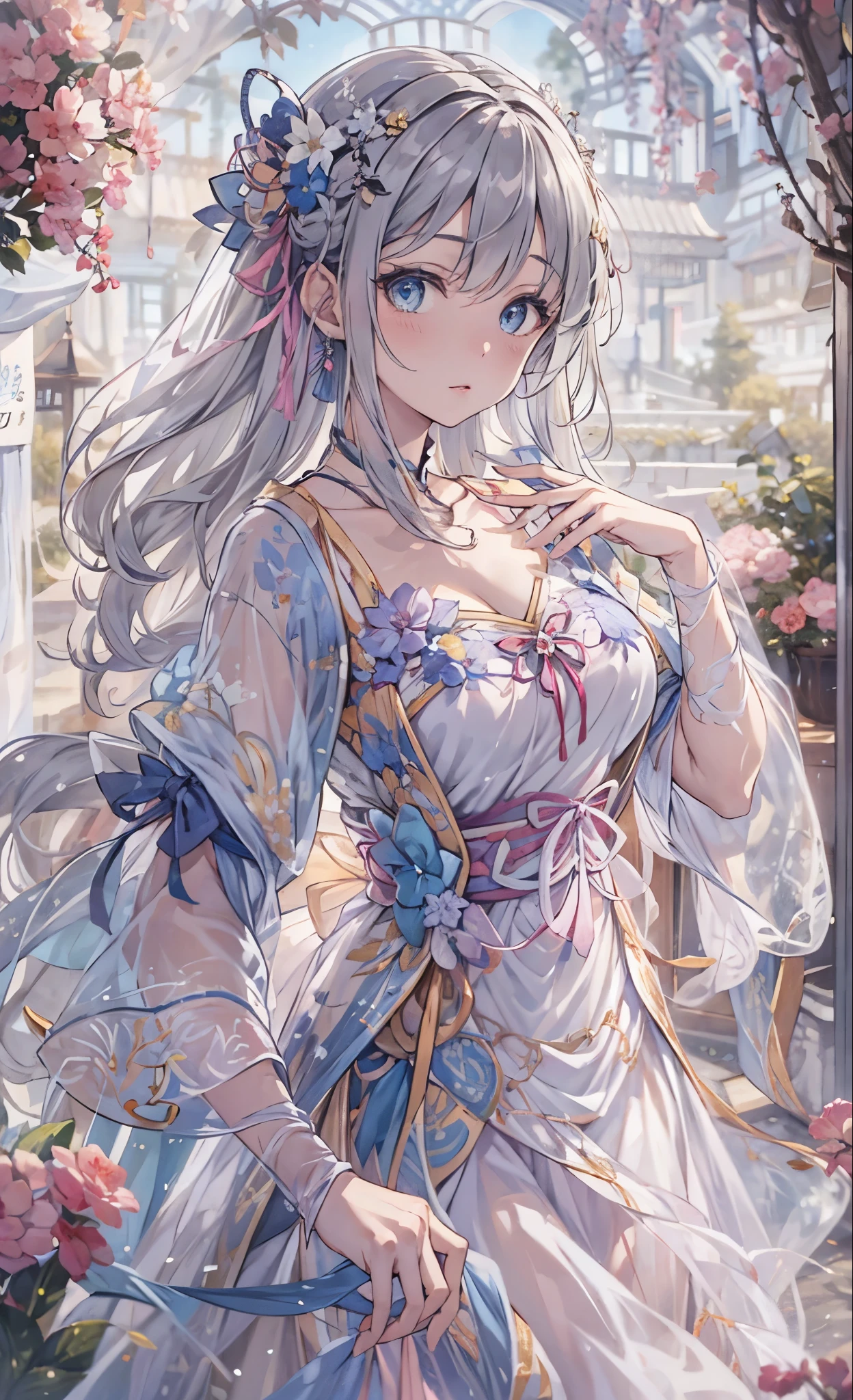  Official Art ,  European Women's Masterpiece ,,  Light Silver Hair  , Dark blue eyes、 top quality、 high resolution: 1.4),8k, Anime Art Nouveau, 高度细致精致的粉丝艺术, Anime fantasy illustration, clean  Fine Anime Art ,  Fine Anime Art ,  Clear Focus of a Person , Beautiful Beautiful Hair and Eyes and Face,  actual ,   Super Detailed  , garden,((Beautiful, Beautifulで可愛い手)),(( Elegant and Sparkling Gown )),((Many contests )),((Lots of decorations)),((Lots of ribbons))