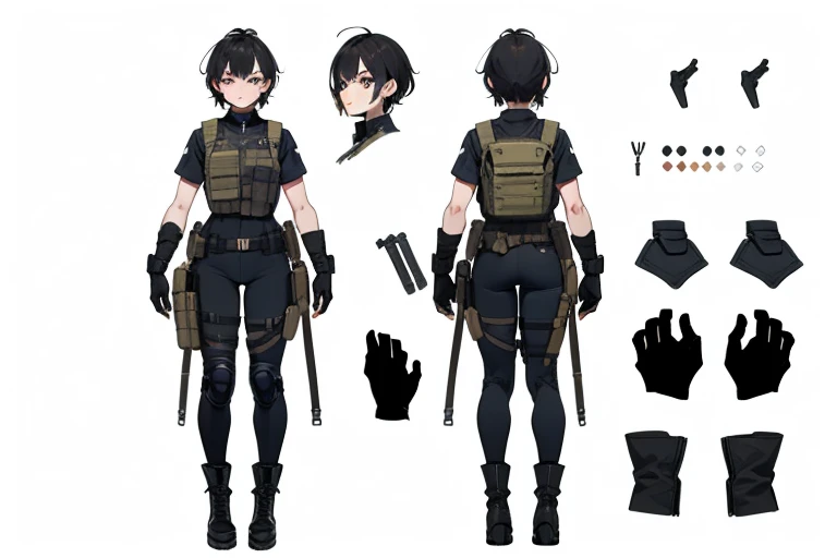 highres, masterpiece, multi-view, turnaround, model sheet, character design, white background, simple background, full body character turnaround of 1girl, Multiple views of the same character in the same outfit, military, Black Ops soldier female soldier, tan-bronze skin, amber-colored-eyes, short black hair, detailed outfit, gray body suit, black bulletproof vest, black combat gloves, black combat boots, utility belt, gun holsters, adventure genre
