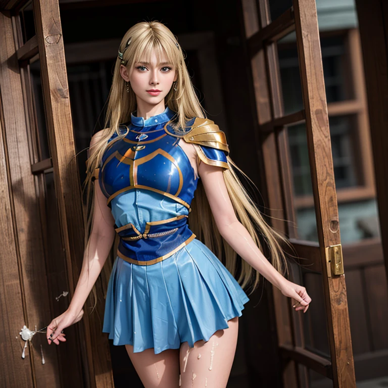 (((masterpiece, best quality))),(high resolution illustration),(((hyper detail))),(((Very beautiful long blonde hair))),(((Very beautiful face))), ((((Detailed face)))),(((very beautiful blue eyes))),(((Realistic Skin))),(((her face is flushed))),(((dignified expression:1.3))),(((slim body))),(((slim thighs))),small breasts:1.5,(((very beautiful slender legs))),(((beautiful earrings))),(((beautiful hair ornaments))),(((cum on body:1.5))),(((armor))),(((skirt))),(((torn clothes))),(((Late at night In an old dark prison)))