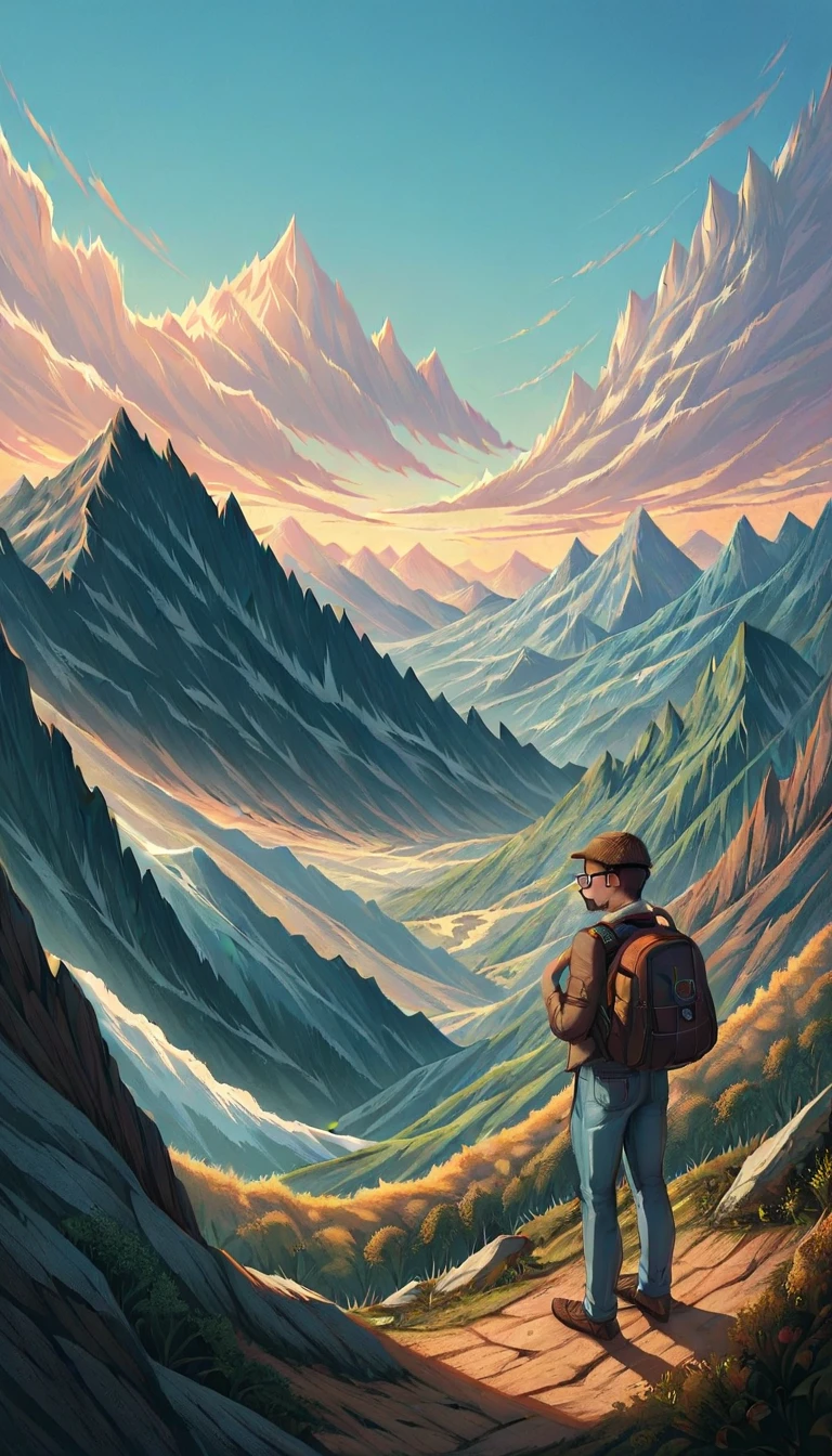 (  masterpiece ,detailed, highres icon:1.4) ,young man,  goatee, brown jacket , white shirt,. jeans, backpack,  dark glasses ,  standing high on the mountain, Watch the sunset , mountain range, beautiful landscape, contact with nature ,  golden ratio , clean cores