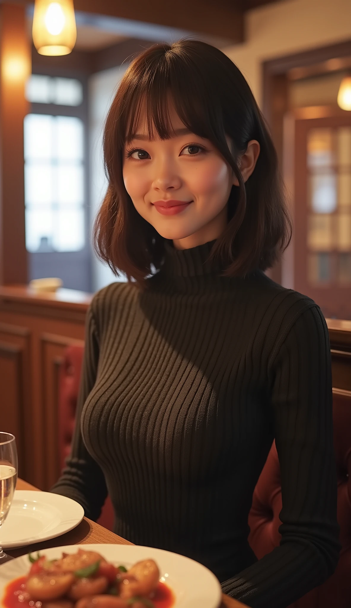 product quality, 1 girl per 1 photo, cowboy shot, front view, a Japanese young pretty girl, long bob hair, wearing a marriage ring, at night, having a dinner with a big smile in a crowded luxury restaurant in England, wearing a long sleeves black knitted turtleneck sweater, wearing denim pants, sitting on a chair, a beer and a meat and vegetables on a table, hyper cute face, glossy lips, double eyelids for both eyes, natural makeup, shiny smooth light brown hair of long bob hair, asymmetrical bangs, tanned skin, central image, 8K resolution, high detail, detailed hairstyle, detailed face, cinematic lighting, octane rendering, hyper realistic, perfect limbs, perfect anatomy