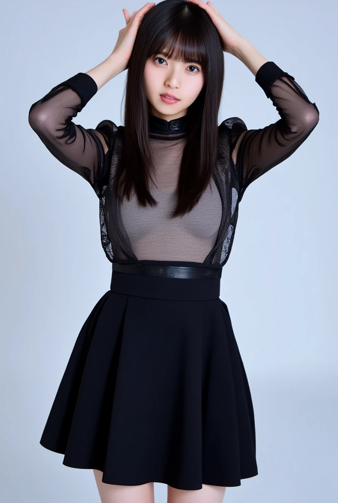 8k, RAW Photo, Best Quality, Masterpiece:1.2),(Realistic, photo-realistic:1.37), Super Detail, Wearing black pantyhose,She is wearing tight thin fitting transparent black long sleeve turtleneck, no skirts, transparent, cinematic lighting, sexy pose, monotone background, facing front, portrait, dressed up to the belly button, dressed up to the neck,black pantyhose

