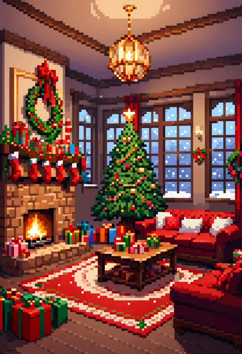  A cozy living room painting ， Full of colorful Christmas gifts ，Christmas tree， Very detailed interior design ，  Lively Colors  ， Pixel Art , Blocks, Pixel Art 风格, 8-bit graphics,   A fantastic and magical atmosphere  ，Soft Light，  bright colors  ，Wide-angle field of view，  amazing visual effects  ， Imaginative 