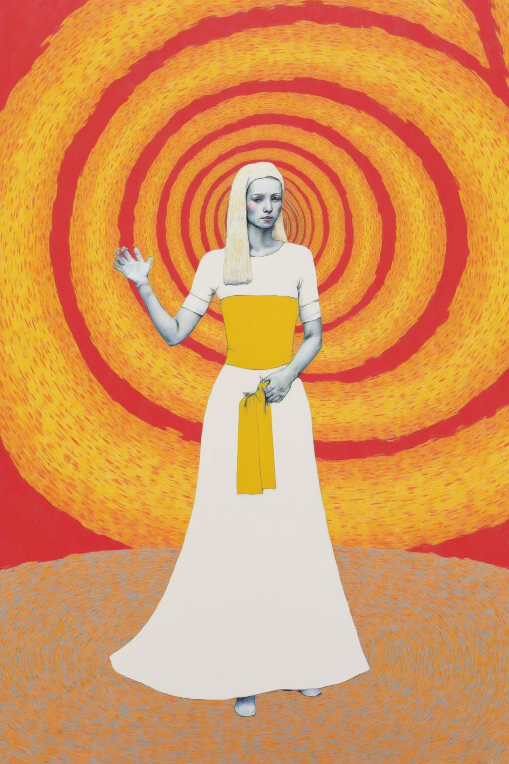 The picture of women in white uniforms is Spiral, Drawn into the spiral vortex , LSD Trip, vertigo - inducing,  LSD ripples , hypnotism,  （LSD , Dreaming illusions, best sleep,  spinning round and round death , Hypnotic, Psychedelic LSD , Astral Projection, Hypnotic dimensions, Spiral ,  distorted pose , yellow,red,White