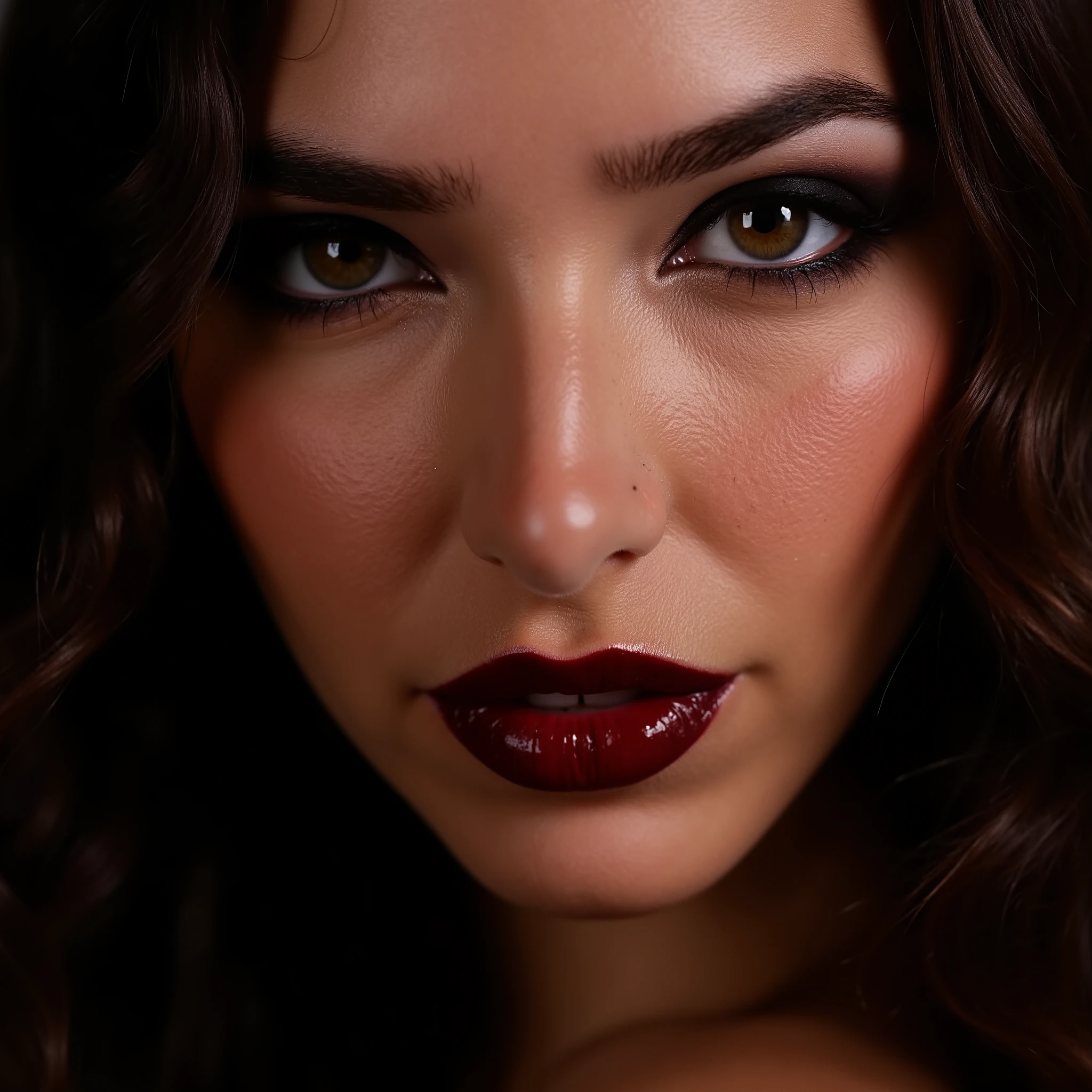 face close up portrait, latex dress, dark red lip gloss, very shiny lips, lip filler, lip gloss