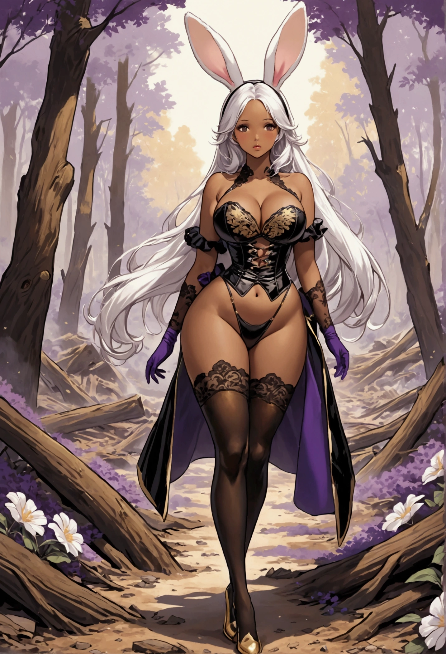 Realistic 3D anime style image of a dark-skinned woman wearing a long black hooded cloak ((covering her head up to her forehead)), ((cape and hood decorated with fine intricate details)), beautiful face, perfect beauty , detailed, symmetrical, two long strands of white hair on each side of the face, ((her blue eyes reflect the light of the stars)),(( beautiful eyes extremely  detailed)), (beautiful lips)( well detailed full lips), perfect body, voluptuous body ,(((large breasts))),(a round silver medallion (with fine intricate details) tied to a silver chain hanging on her chest),(((narrow waist))),(((wide hips))) , (((thick thighs))),(long-sleeved black (neckless) blouse), (qipao collar decorated with fine intricate details), (black gloves with cuffs) (decorated with fine intricate details), (short black skirt with a sash, (in the sash she wears a leather belt from which a silver dagger hangs), long black stockings covering her legs to the middle of her thighs, (black ankle boots with flaps up to the knee), ((decorated with fine intricate details)). walking through a forest of wisteria trees, near a beautiful lake with crystal clear waters on a sunny day ((ground covered in beautiful red flowers)), high quality image,extremely detailed, masterpiece, 8k resolution,