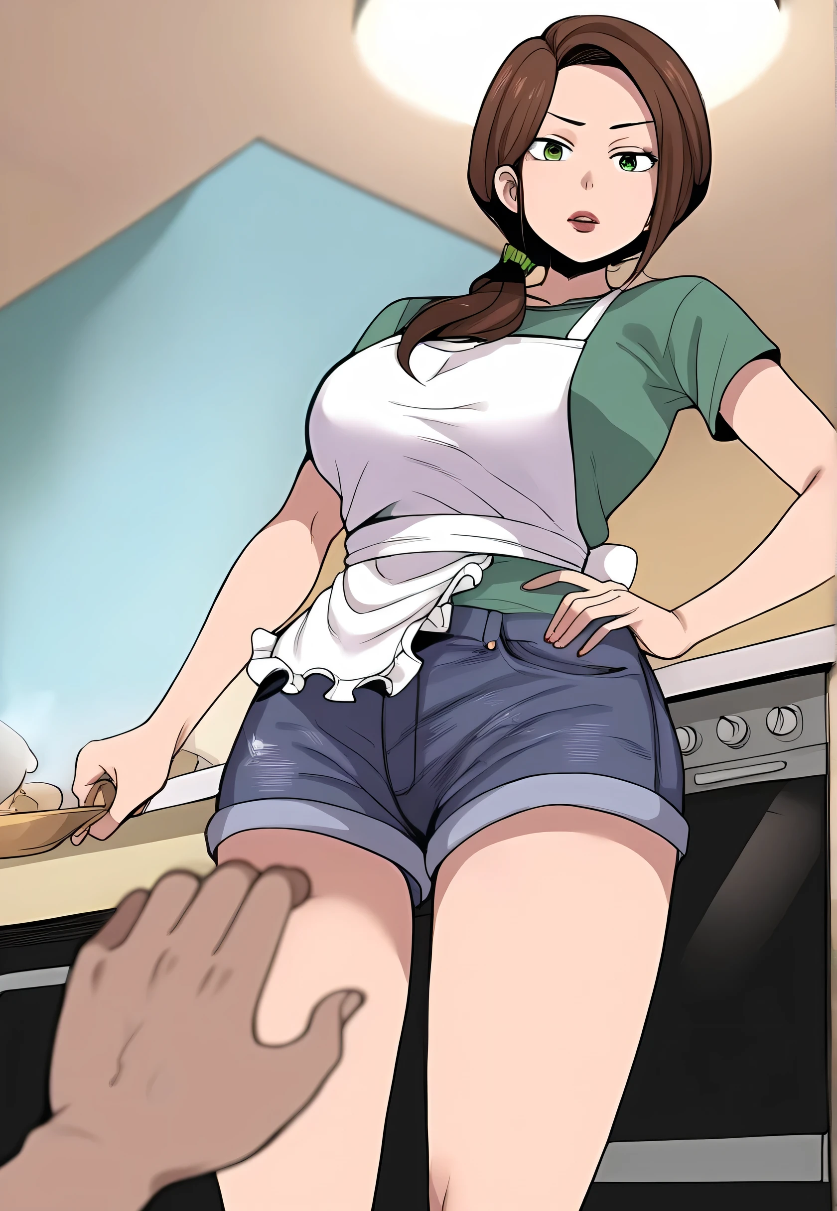 score_9, style terrace Mac break kitchen , blurry background ,Depth of field BREAK POV hand ,Mori_Kaede_\(Terasu_mc\),Below,Looking down, is putting a hand on one's hips,white apron ,denim shorts ,I'm disappointed ,looking at viewer, brown hair,side_ ponytail,Green eyes,lips, 