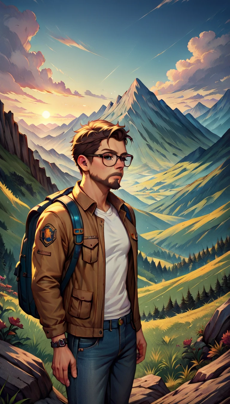 (  masterpiece ,detailed, highres icon:1.4) ,young man,  goatee, brown jacket , white shirt,. jeans, backpack,  dark glasses ,  standing high on the mountain, Watch the sunset , mountain range, beautiful landscape, contact with nature ,  golden ratio , clean cores