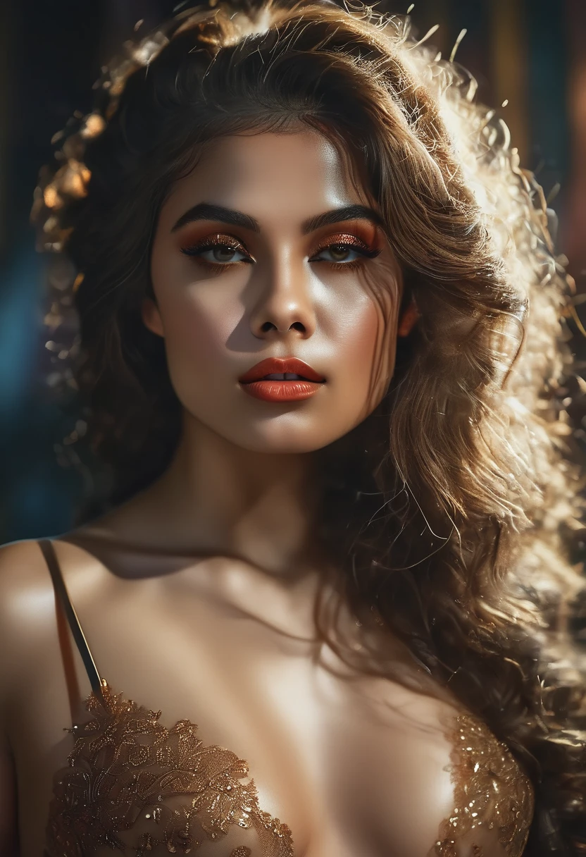 a sensual woman, alluring woman, sheer revealing outfit, provocative pose, prominent curves, detailed facial features, beautiful detailed eyes, beautiful detailed lips, extremely detailed face and eyes, long eyelashes, photorealistic, high quality, masterpiece, hyper detailed, 8k, cinematic lighting, dramatic lighting, chiaroscuro, dramatic shadows, dramatic highlights, warm color palette, glowing skin, flowing hair, cinematic composition, portrait