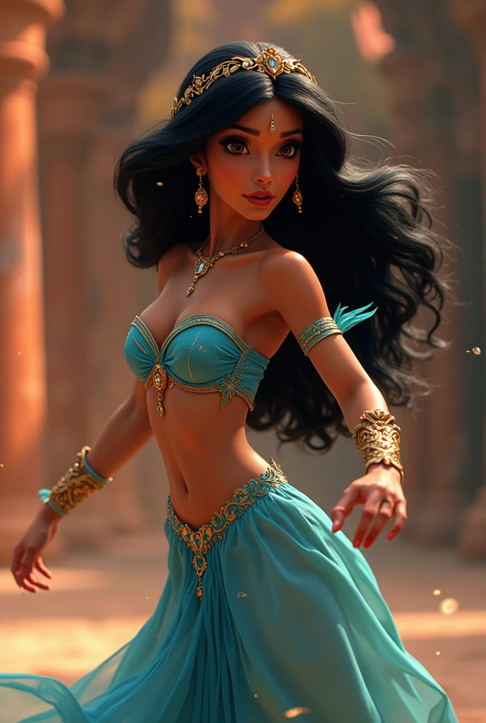 ((art animation 2D)) 20 year old woman with short wavy brown hair with dark blue dyed tips, with blue skin, Brown eyes, with good body, wearing a turquoise colored indian ballerina costume, dancing