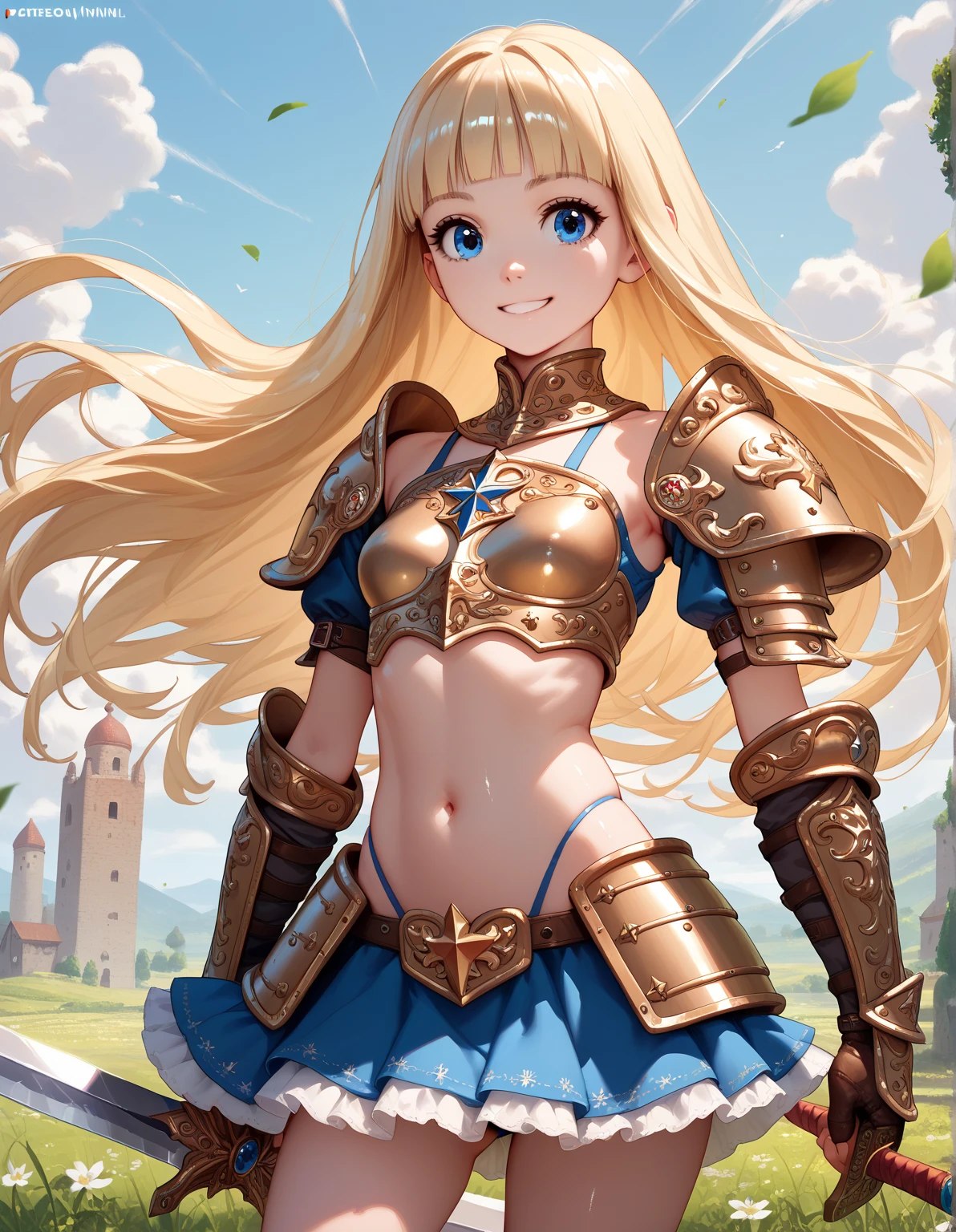 A woman, princess, warrior, castle in the background, on a lawn, blonde hair, blue earring, metallic armor in a bikini, ultra detailed, 4k, masterpiece, blue eyes