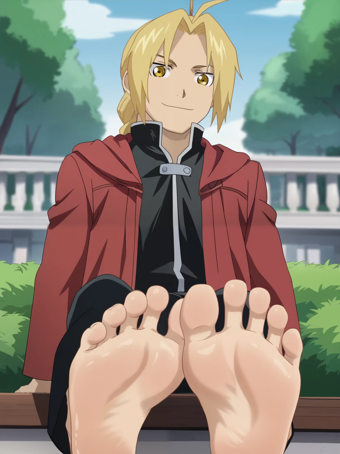 score_9, score_8_up,source_anime,
1boy, Edward Elric alone, looking at viewer, cowboy shot, anime screencap, anime coloring,barefoot,Perfect feet,Anatomically correct,soles,low angle,Focal length 35mm, Five toes,front,Symmetrical Soles,Foot Focus, in a garden, sitting, lifting legs to show his soles, flirty gaze, flirty smile,
golden-blond hair long - usually tied in a braid that hangs down to his shoulders, but sometimes forgoing the braid for a simpler ponytail. He parts his bangs in the middle so that they frame his face on either side as they fall and, in the center of the parting, he leaves a single strand of hair sticking up like an antenna. Gold eyes. Red coat, black jacket, black shirt, black trousers