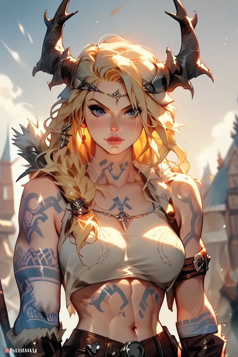 (Masterpiece), very detailed, expressive eyes, perfect face, Viking themed, Viking girl, 1girl,  human,  braided blond hair, cerulean eyes, lean muscle, blue tribal tattoo, tall, shy expression, blushing, looking away, tribal yurt, silk nightgown, barefoot, jewelry, perky breasts, thick thighs, beautiful