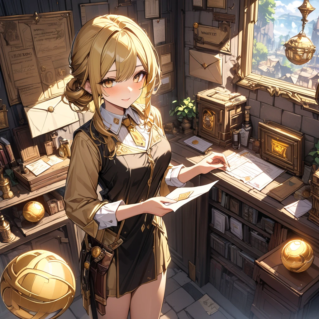 1girl, standing、Receptionist clothes、A gesture of guidance、masterpiece,absurdres,  highres icon, ultra detailed, best quality,high quality,high resolution,perfect hand,beautiful fingers,beautiful hands, Adventurers Guild、((With golden ball:1.4)),fantasy world with golden ball、Reception decorated with gold balls、Wanted Form、(((Wanted letter on the wall)))、A weapon with a golden ball on it is displayed,