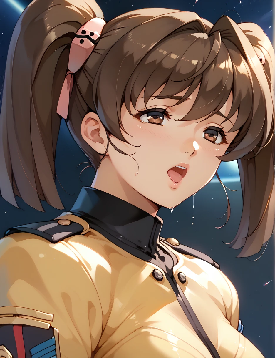 Misaki Yuria | Space Battleship Yamato 2199、 is standing、 twin tails、 bodysuit 、、 orgasm 、 ecstasy,  brown hair , Growing your hair ,  twin tails,  brown eyes ,