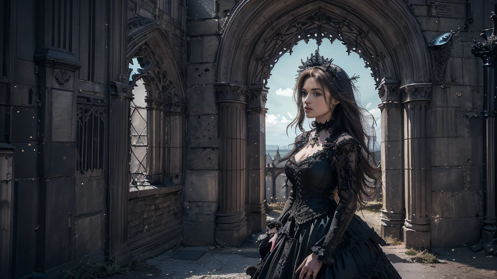 masterpiece, high resolution,8K,(Portrait Photos:1.5),(R Original Photo),Reality,Digital Photography,(Gothic), ancient castles，beautiful 20 year old woman，Short hair，Keep your mouth shut， Broken Wall Remains， upper body photography ， hollow armor ， big breasts 