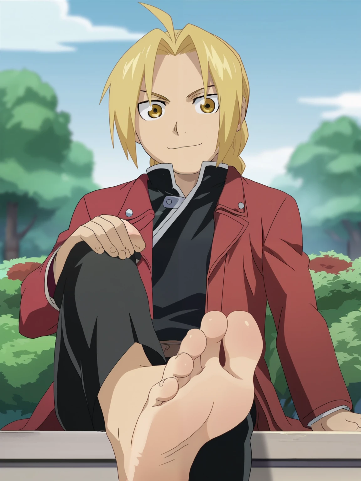 score_9, score_8_up,source_anime,
1boy, Edward Elric alone, looking at viewer, cowboy shot, anime screencap, anime coloring,barefoot,Perfect feet,Anatomically correct,soles,low angle,Focal length 35mm, Five toes,front,Symmetrical Soles,Foot Focus, in a garden, sitting, lifting legs to show his soles, flirty gaze, flirty smile,
golden-blond hair long - usually tied in a braid that hangs down to his shoulders, but sometimes forgoing the braid for a simpler ponytail. He parts his bangs in the middle so that they frame his face on either side as they fall and, in the center of the parting, he leaves a single strand of hair sticking up like an antenna. Gold eyes. Red coat, black jacket, black shirt, black trousers