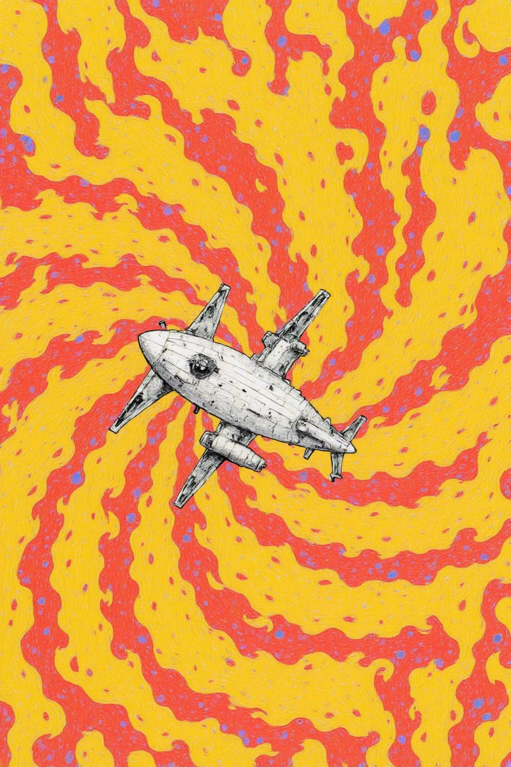 spaceship illustration,Drawn into the spiral vortex , LSD Trip, vertigo - inducing,  LSD ripples , hypnotism,  （LSD , Dreaming illusions, best sleep,  spinning round and round death , Hypnotic, Psychedelic LSD , Astral Projection, Hypnotic dimensions, Spiral ,  distorted pose , yellow,red,White