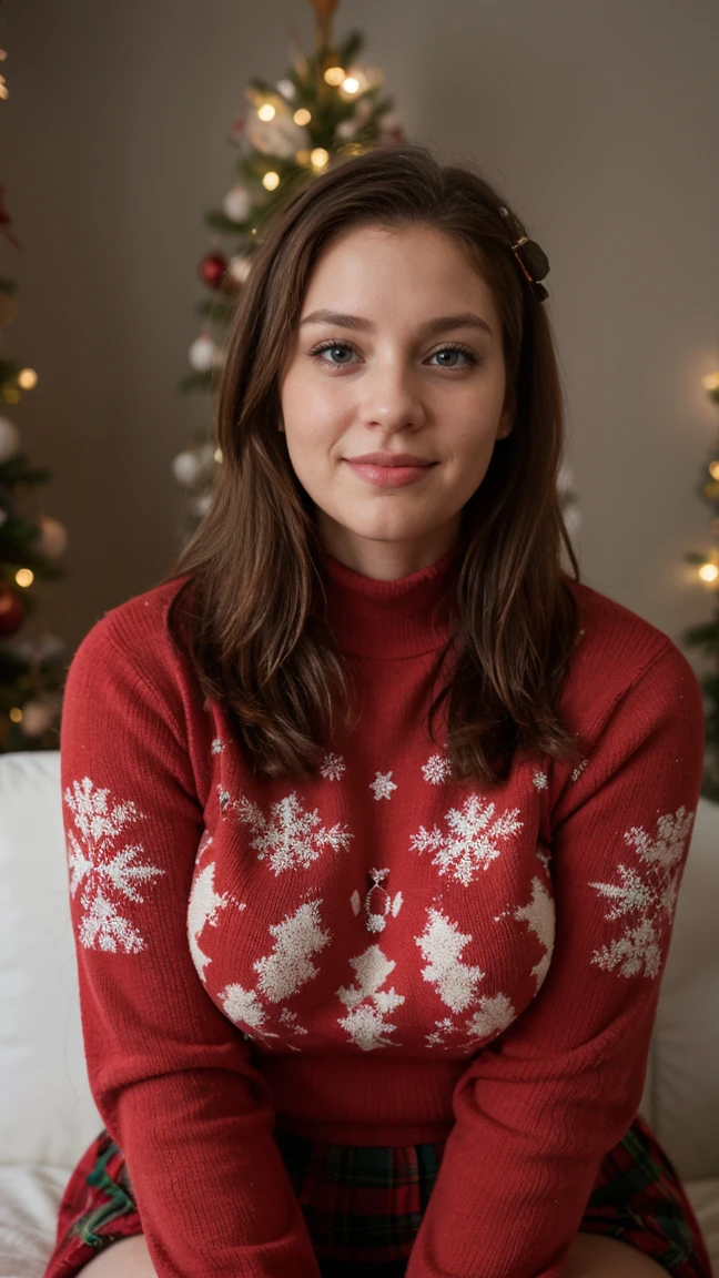 Extremely realistic Russian girl with blonde hair and blue eyes, detailed skin, imperfect skin, upper body, wearing red christmas jumper, red trousers