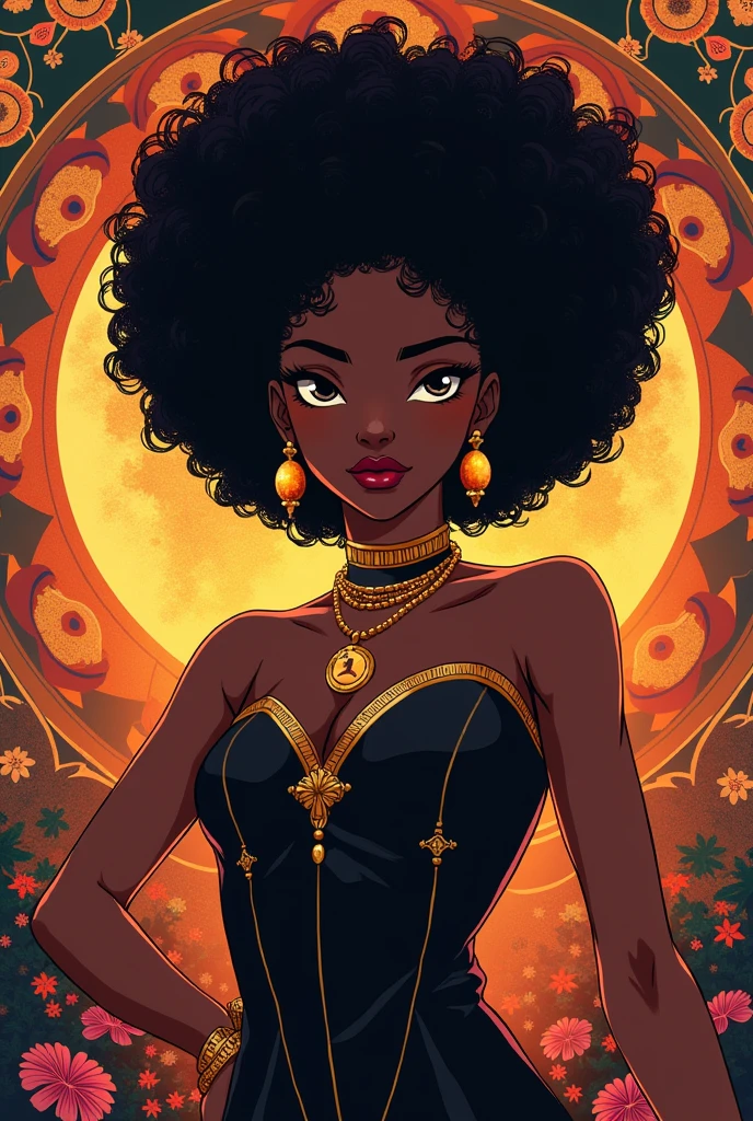 A stunningly beautiful Afro model with curly dark gradient hair poses in an African dress showcasing her perfect curvy body with realistic details on her face. She’s got red lips, light brown eyes, long dark eyelashes. This masterpiece, in 8k resolution, captures the model's elegance and allure with exquisite precision. The intricate curls of her hair, the flawless complexion of her skin, and the vibrant colors of her outfit all contribute to the breathtaking quality of the image