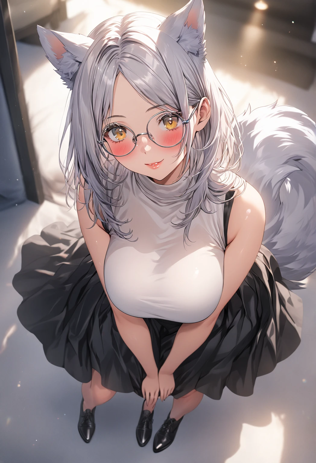 ((highest quality)), ((masterpiece)), (detailed), (front view), ((full body view from far)), (one girl), sexy, shiny skin, glossy skin, big breast, Wearing round glasses, silky silver hair, medium-length, parted bangs, soft yellow eyes, wolf ears, wolf tail, She has fair, smooth, porcelain-like skin with a natural flush on her cheeks, blush, Wearing soft pastel turtleneck sweater and black skirt in a comfortable indoor settings. The fabric is slightly translucent in the sunlight. ((Depth of field))