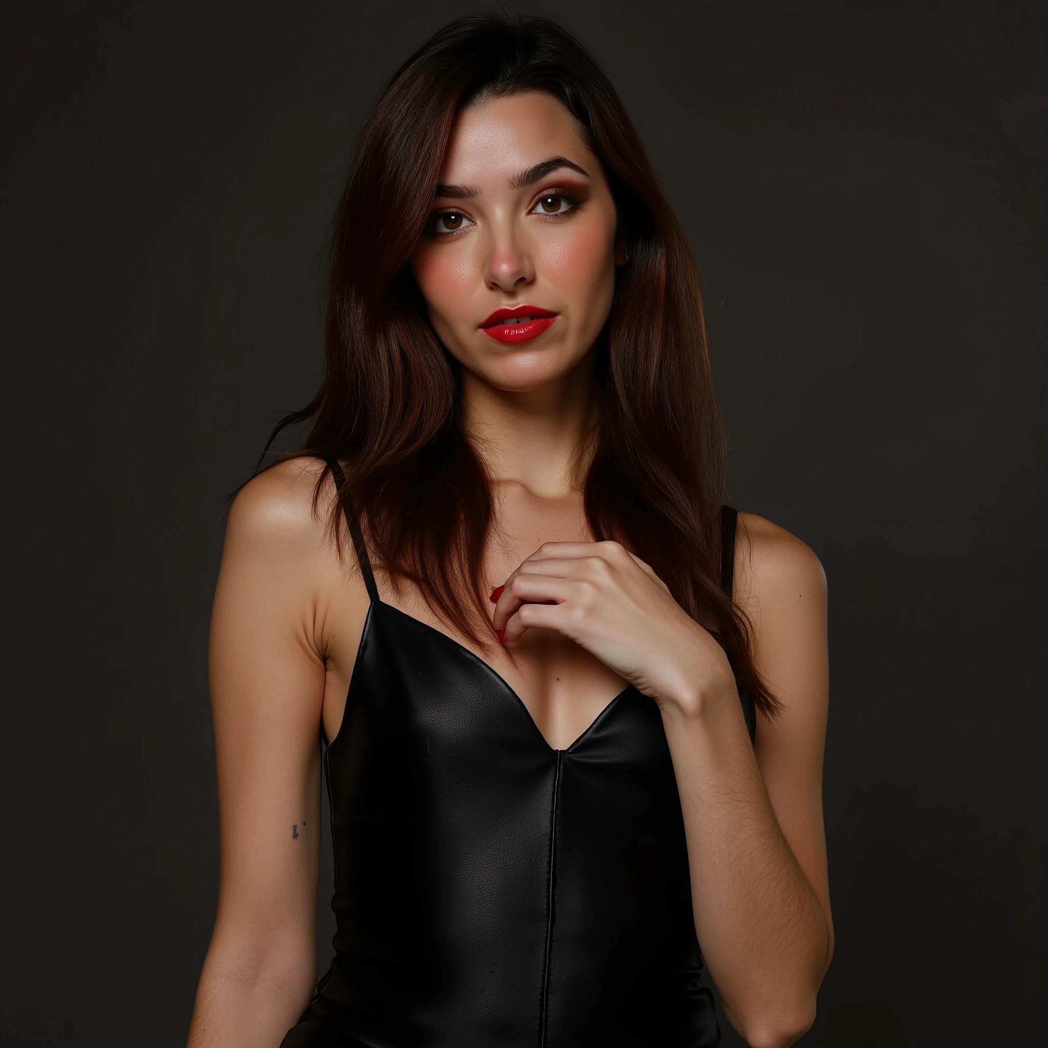 face and shoulders portrait, latex dress, scarlet red lip gloss,