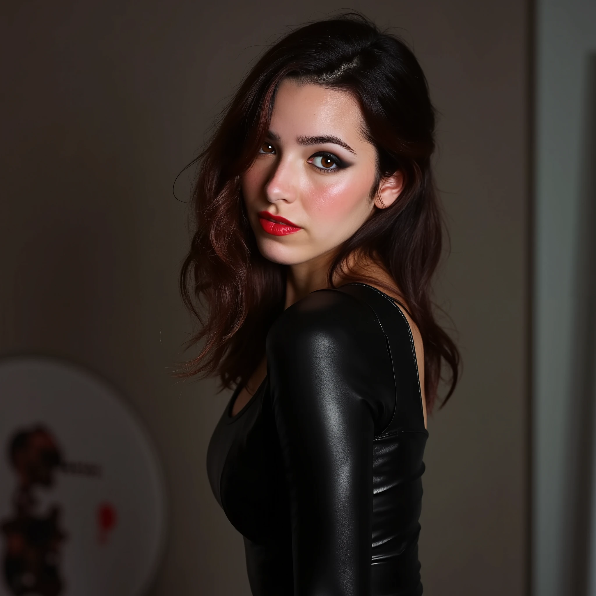 face and shoulders portrait, latex dress, scarlet red lip gloss,