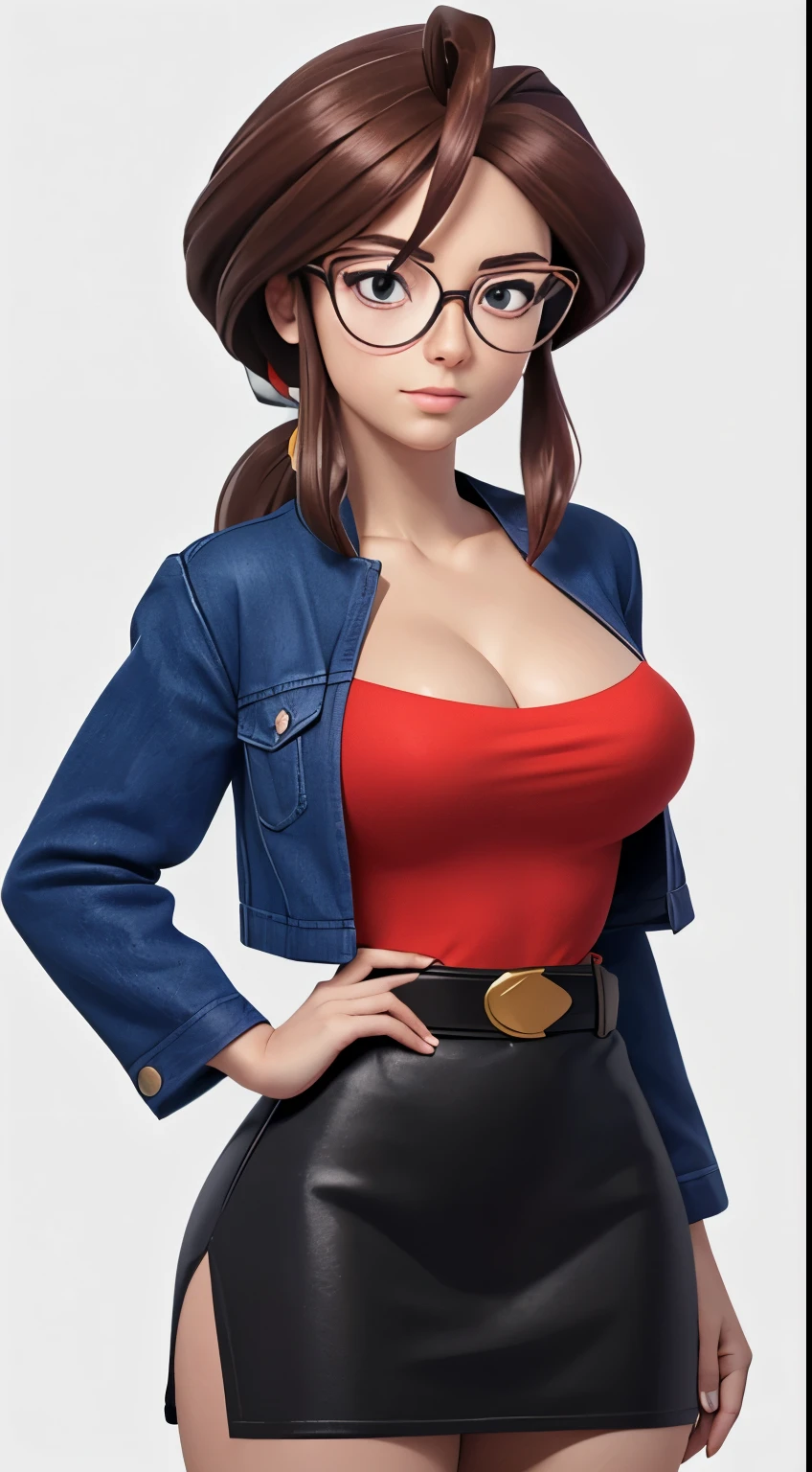 animeLorelei, dark brown hair, olive eyes, hair between eyes, glasses, blue jacket, red shirt, cleavage, belt, pencil skirt high detailed, masterpiece, as cartoon character, perfect hands, small breasts, wide hips, thick thighs, ultra realistic digital art, clean scene, white background, 