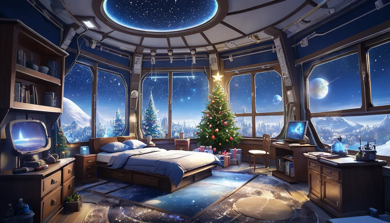 science fiction, background,  bedroom、 landscape painting、Lots of presents on the floor、Starry sky in the window、Lamplight、 no one、 Christmas Decorations 、 Christmas tree