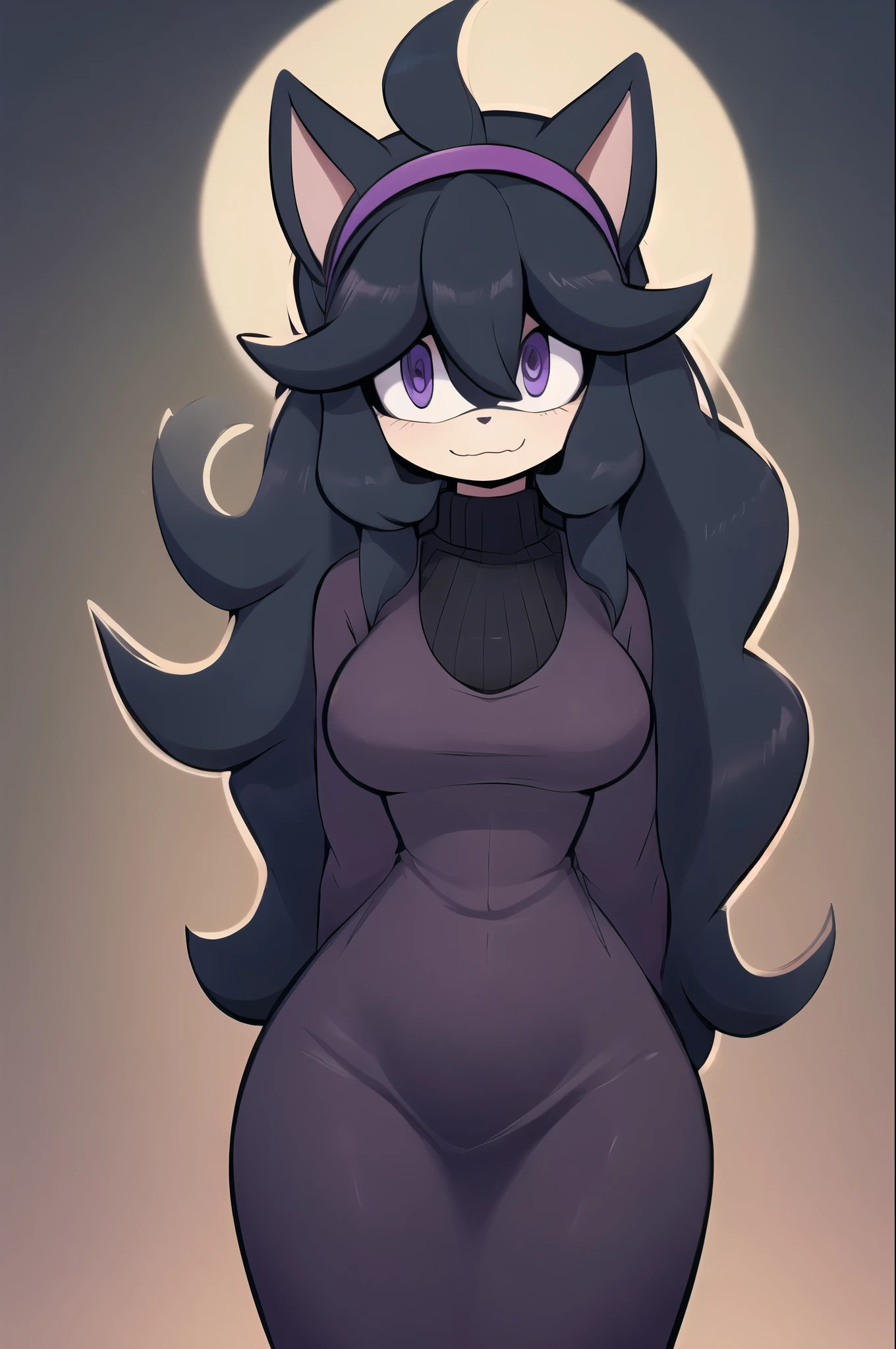 ((masterpiece,best quality)), absurdres, (hex maniac), (pokemon), long hair, ahoge, purple hairband, purple eyes, @_@, long black dress, hex maniac dress, hex maniac outfit, small open mouth, half closed eyelids, looking away from viewer, (shy expression), medium breasts, hourglass figure, cowboy shot, head tilt, full moon, hands behind back, (Mobian), cat, Mobian cat, sonic oc, Sonic the hedgehog series style, solo, 1girl
