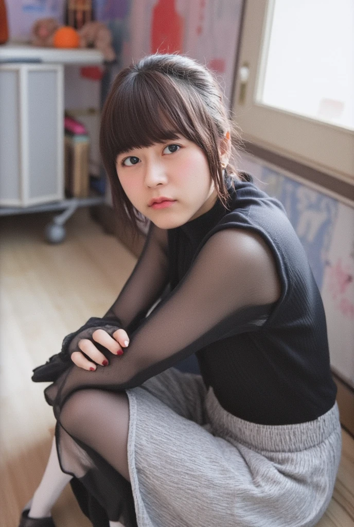 8k, RAW Photo, Best Quality, Masterpiece:1.2),(Realistic, photo-realistic:1.37), Super Detail, Wearing black pantyhose,She is wearing tight thin fitting transparent black long sleeve turtleneck, no skirts, transparent, cinematic lighting, sexy pose, monotone background, facing front, portrait, dressed up to the belly button, dressed up to the neck,black pantyhose

