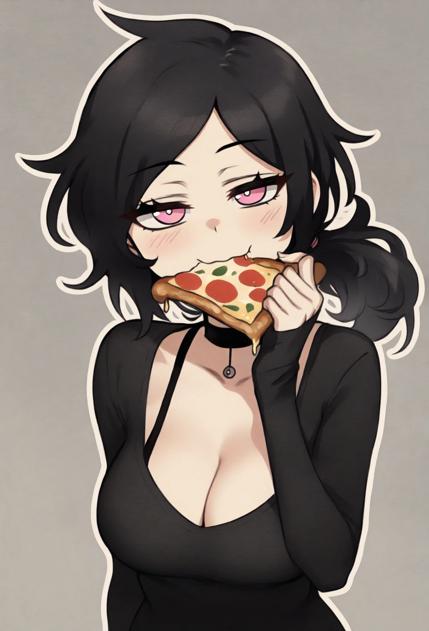 best quality, amazing quality, very aesthetic, absurdres, outline,
1girl, ashleygr, black hair, ponytail, pink eyes, choker, cleavage, black shirt,
upper body, smile, standing, looking at viewer, solo, grey background, eating pizza   