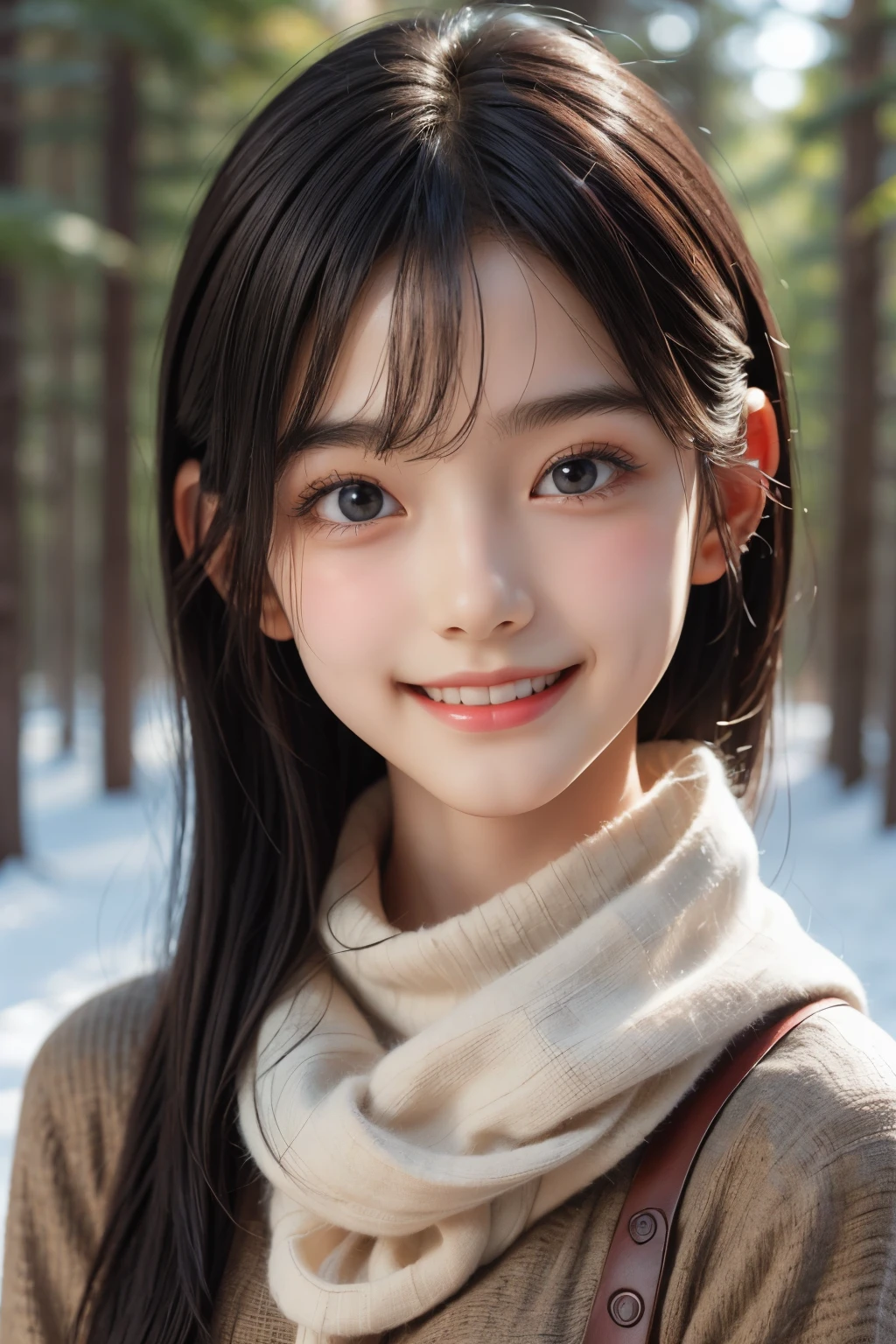 (ultra Realistic) , (illustration), (Enhance resolution), (8k), ( Extremely Detailed), ( detailed face ), Black Straight Hair, Slim Body, in the dark , deep shadow, low profile, pureerosfaceace_v1, Happy smile, Winter, forest