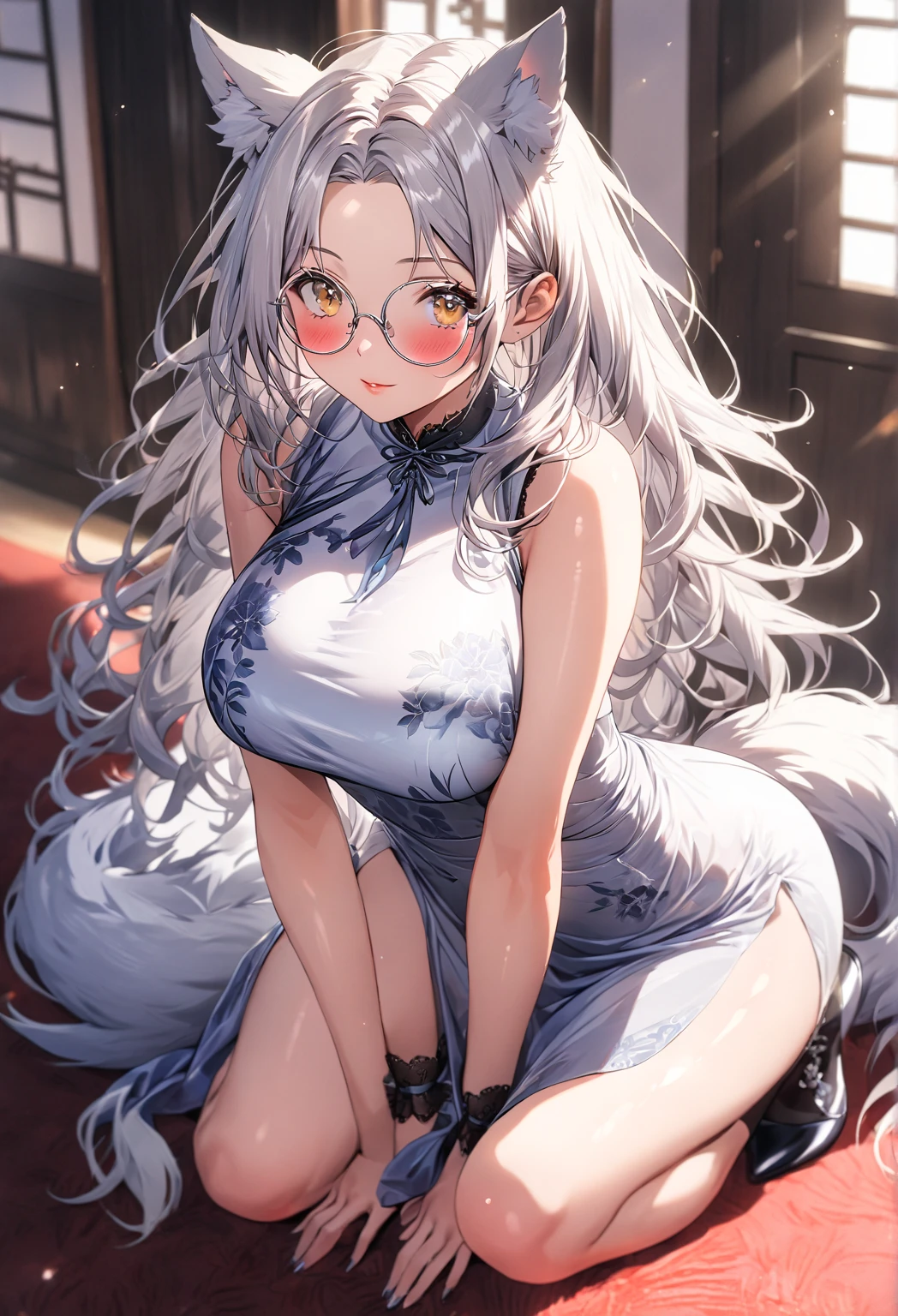 ((highest quality)), ((masterpiece)), (detailed), (front view), ((full body view from far)), (one girl), sexy, shiny skin, glossy skin, big breast, Wearing round glasses, silky silver hair, medium-length, parted bangs, soft yellow eyes, wolf ears, wolf tail, She has fair, smooth, porcelain-like skin with a natural flush on her cheeks, blush, wearing a chinese fited dress in a comfortable indoor settings. The fabric is slightly translucent in the sunlight. ((Depth of field))