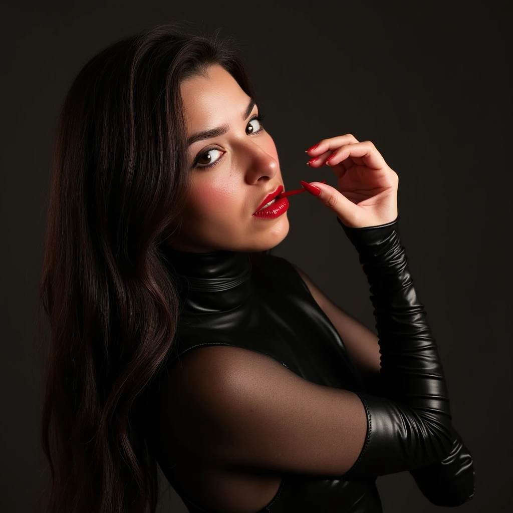 face portrait, latex dress, scarlet red lip gloss, biting her lip