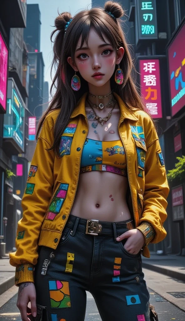  a painting of a woman with tattoos and clothes all painted with drawings, shoes,  belt on the pants , painted top ,  you can see the cyan bra ,  rasta hair in a ponytail ,  with colored dreadlocks , earrings,  culceras several , necklaces,  sensual pose medium in profile looking at the left side , , Cyberpunk art by Russell Dongjun Lu  ,  trend in CGSociety  , street art,  character art cyberpunk 2077 , Cyberpunk streetwear,  cyberpunk style 2 0 7 7  ,  cyberpunk 2077 ross drawings ,  highly detailed character design  , cyberpunk art style, cyberpunk style attire,  cargo pants.  cyberpunk city 