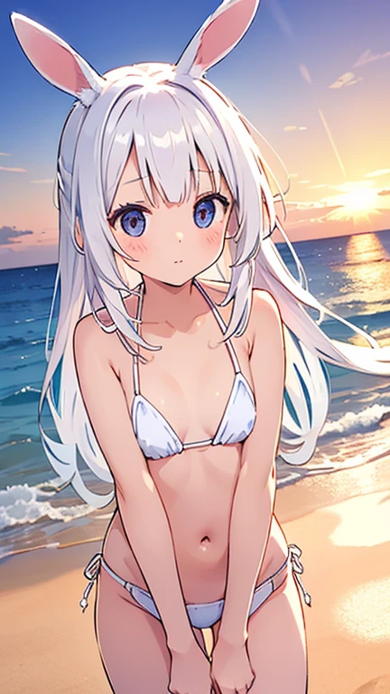 rabbit girl, young girl,, white hair, cute, innocent look,, sunset at beach, bikini