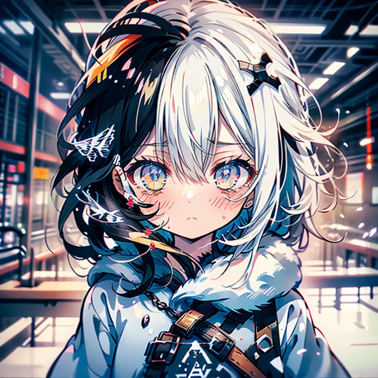 (((Dramatic)))、(((gritty)))、(((vehement))))、(masterpiece、top-quality、hight resolution) 1girl in, 独奏, Red gradient streak hair, short-hair, white hair, lillie(Wakka), Black beret, plaid skirts, a choker, Cyan sweater jacket, shirt with collar, Black plaid tie, sleeves past fingers, bluntbangs(masterpiece、top-quality、hight resolution)、 full of shyness、red hairs、Bob Hair、red blush、Wavy mouth、The poster of the film appears as a central character。She is shy in the center of the poster、Wearing an idol costume、Has a determined look。The background is dark and rough、I feel like I'm drunk。Text is bold and eye-catching、Catchy slogans add to the overall drama and excitement。The color palette is dominated by dark colors.、Bright colors dotted、Make your poster dynamic and visually impactful、Tachi- e(magazine:1.3)、(cover-style:1.3)、Fashionable、with a vibrant、outfits、the pose、the front、colourfull、Dynamic、Background with、element、self-assured、Expressively、ngel、statement、attachment、An majestic、coiled、surroundings、Touch、The scene、Texto、covers、boldface、grab attention、Titles、lo fashion、Font、Catchy、Titles、Large、grab attention、moderno、 Trendy、concentrating、Stylish、1 girl in