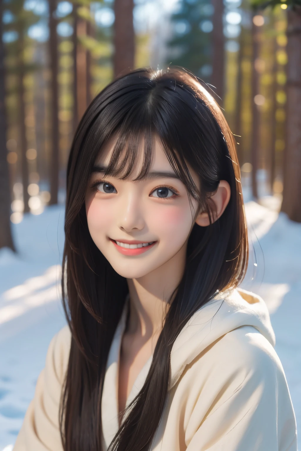 Arafed asian woman with long hair and a white shirt in the snow - SeaArt AI